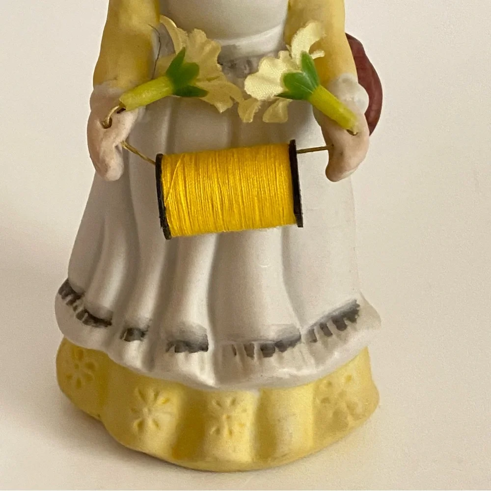 Vintage Seamstress Girl 70's Ceramic Yellow Holds Thread Scissors/Basket Pin/Hat